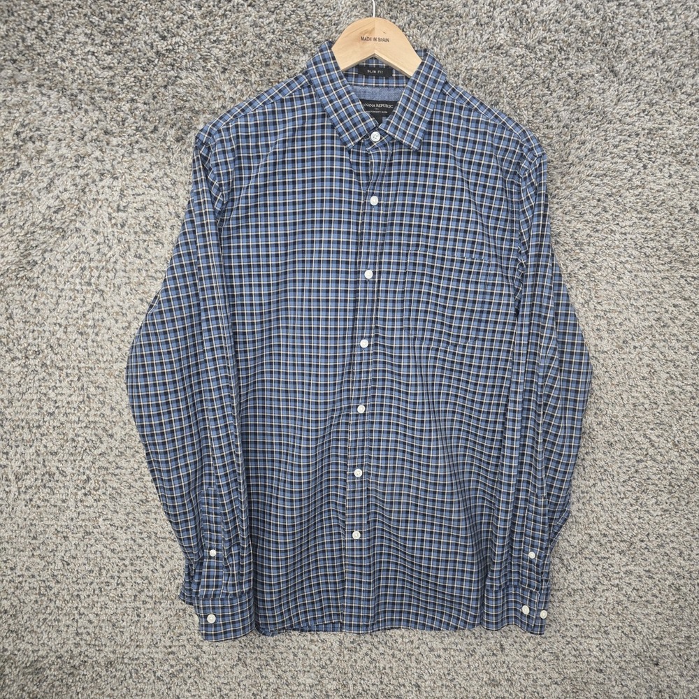 Banana Republic Shirt Mens Large Blue Plaid Button Up Stretch Slim Fit Soft Wash